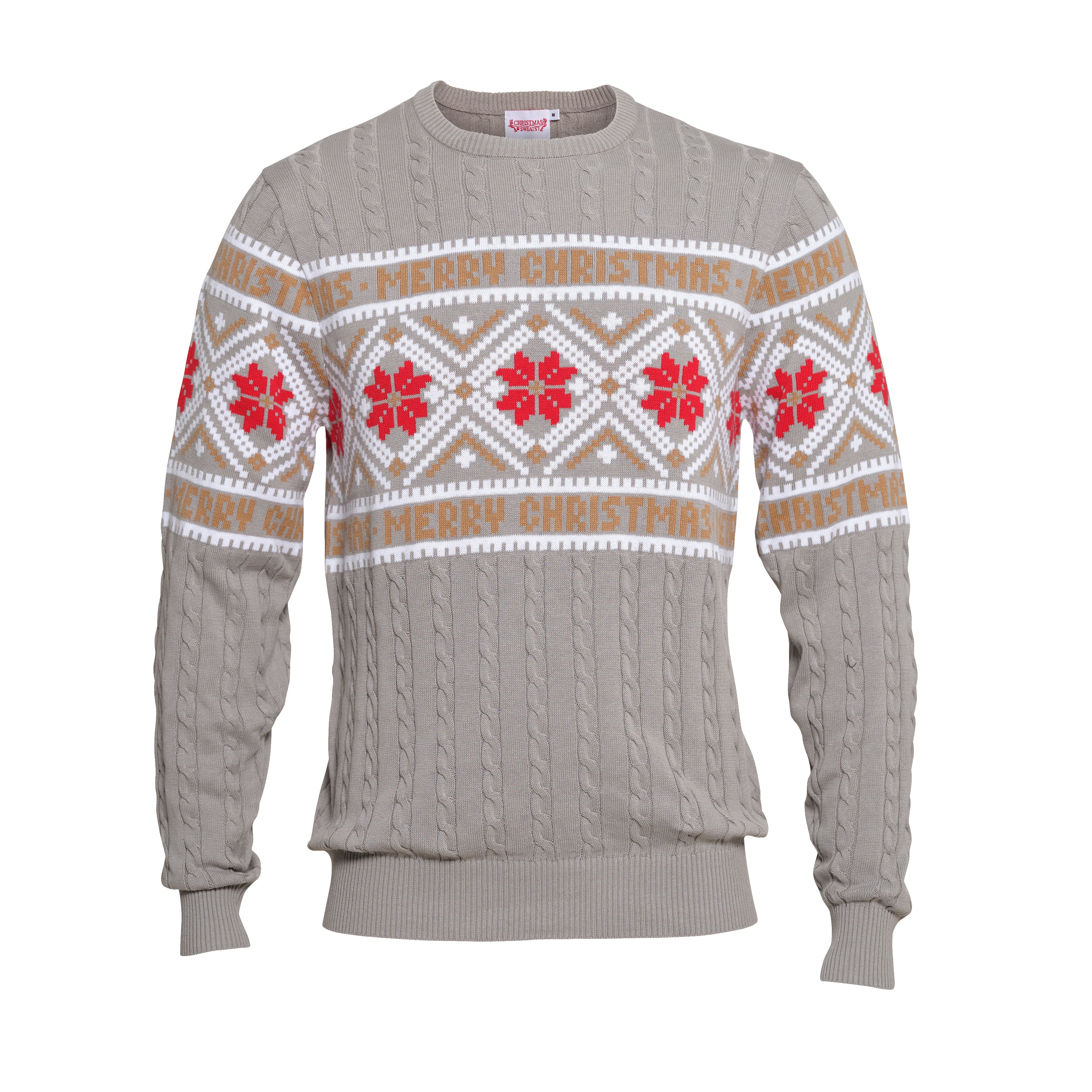 En grå julesweater med mønster og citatet